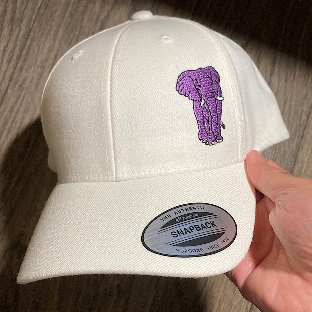 SnapBack Classics /Yupoong hat /White with Purple Elephant/ very soft material